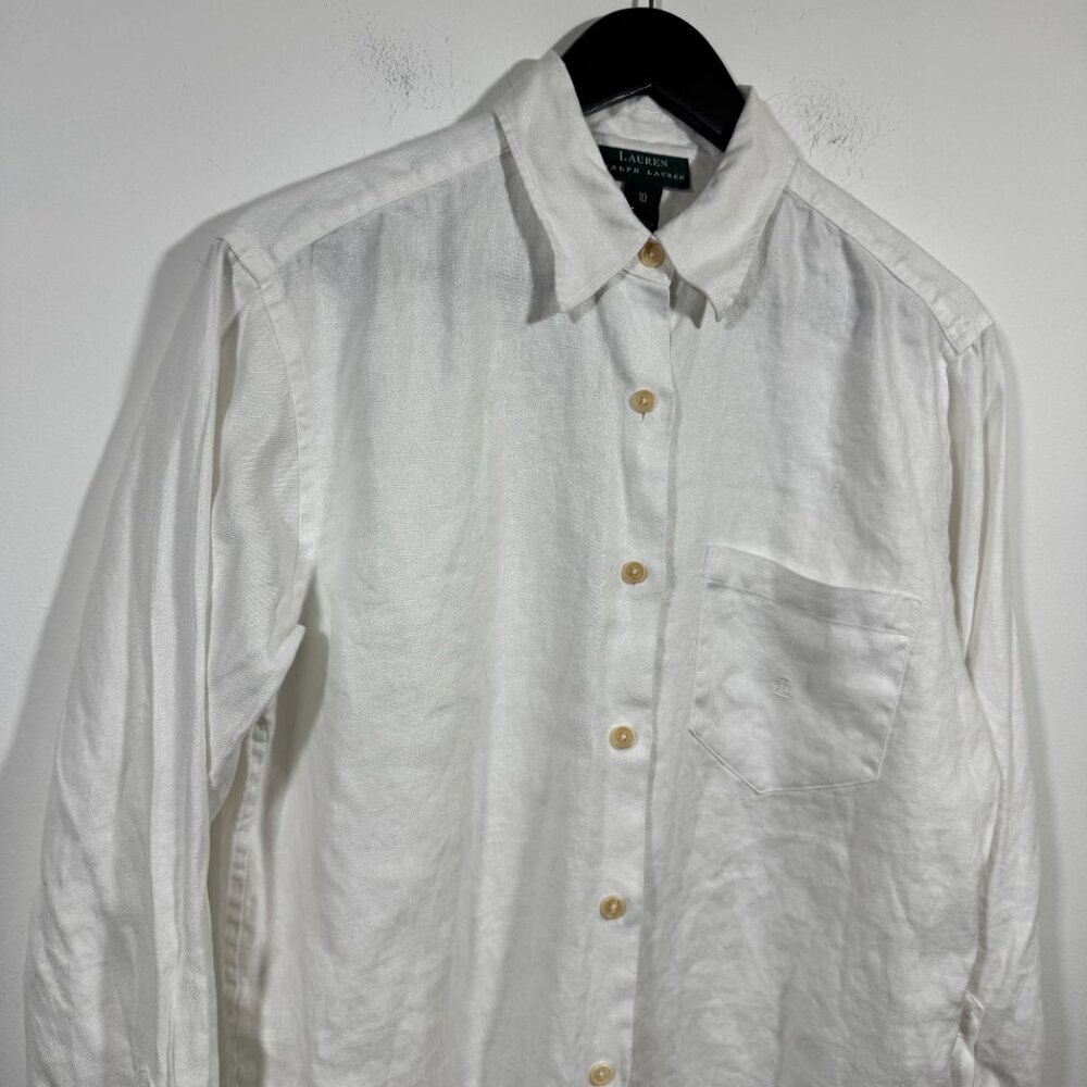 Lauren Ralph Lauren Women’s Button Up Shirt White Linen Crest Sz 10 Preppy - Picture 3 of 5